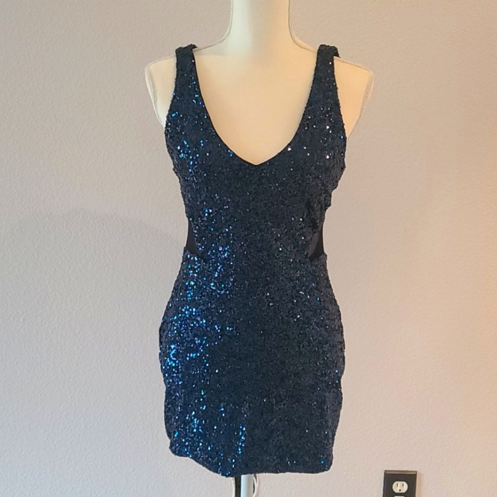 Bebe Sexy Mini Midnight Blue Sequin Dress